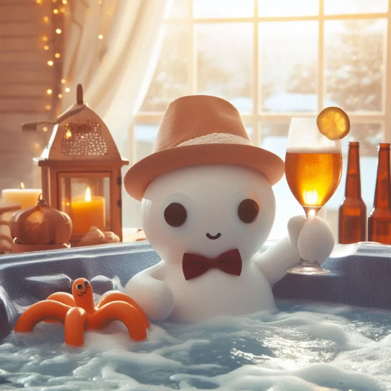 A cartoon ghost in a hot tub with a drink and a hat on National Hot Tub Day.