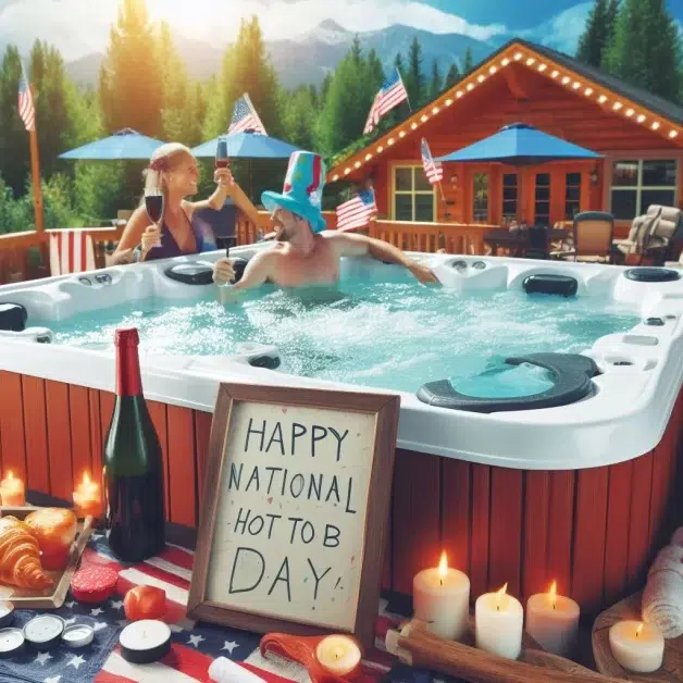 A couple celebrating National Hot Tub Day in a hot tub with American flags and a sign that reads “Happy National Hot Tub Day!”.