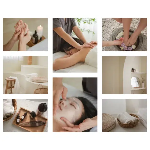 A collage of images depicting various Salons and Spas services.