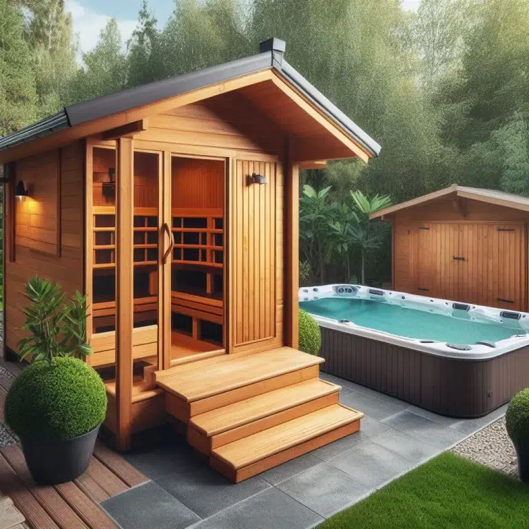 A wooden sauna and a white hot tub in a backyard with trees and plants.