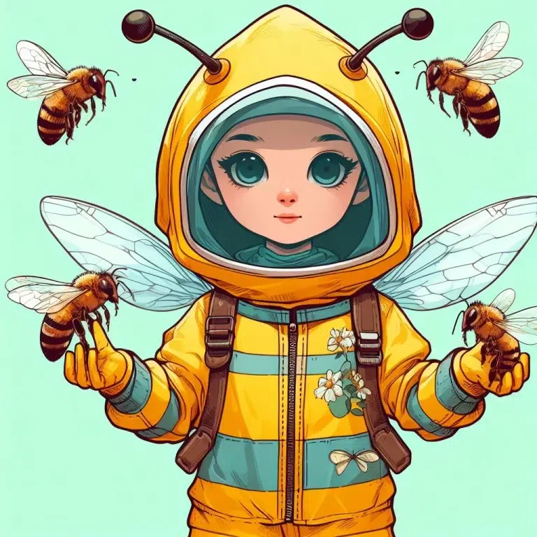 A child in a yellow and orange bee suit smiles and makes a peace sign with their hand, surrounded by four buzzing bees.