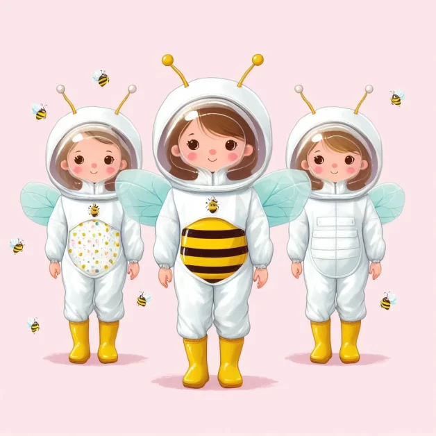 A drawing of three kids in white beekeeper suits with yellow boots and gloves. The suits have helmets with antennae and wings. Cartoon bees are flying around them on a pink background. (bee suits for kids )