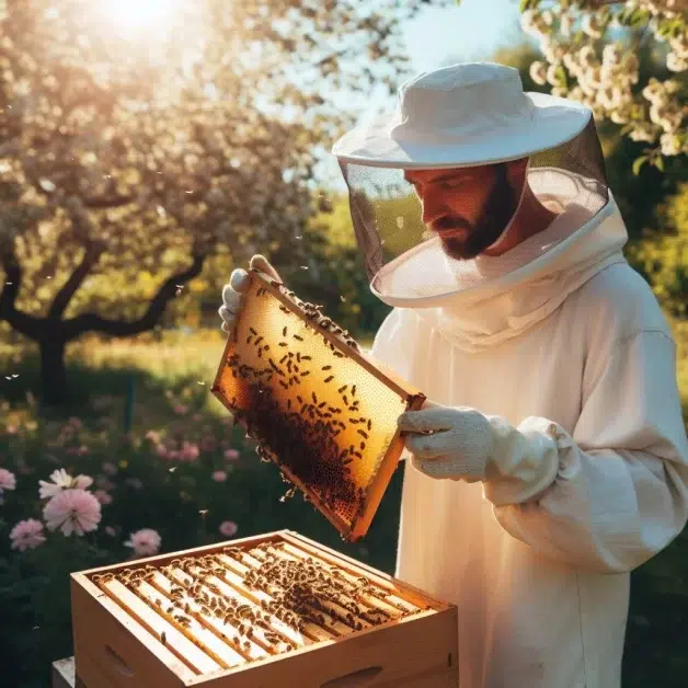 A man wearing veils in a beekeeping field. (best bee suits and veils)