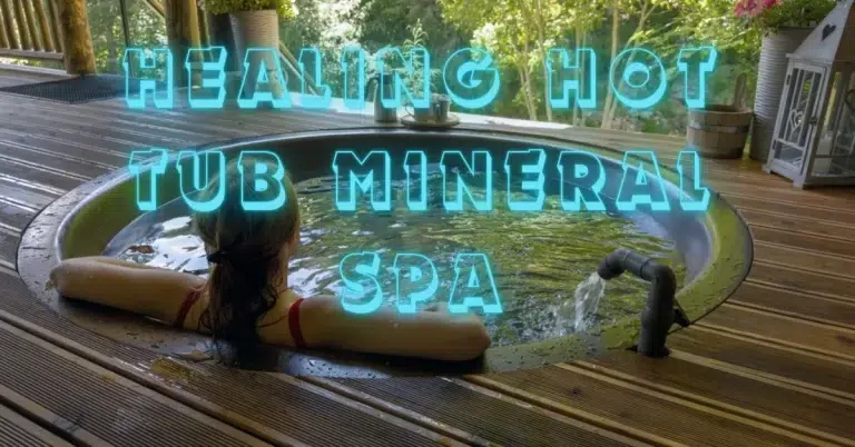 A woman relaxing in a hot tub with the words “healing hot tub mineral spa” in blue neon letters above her.