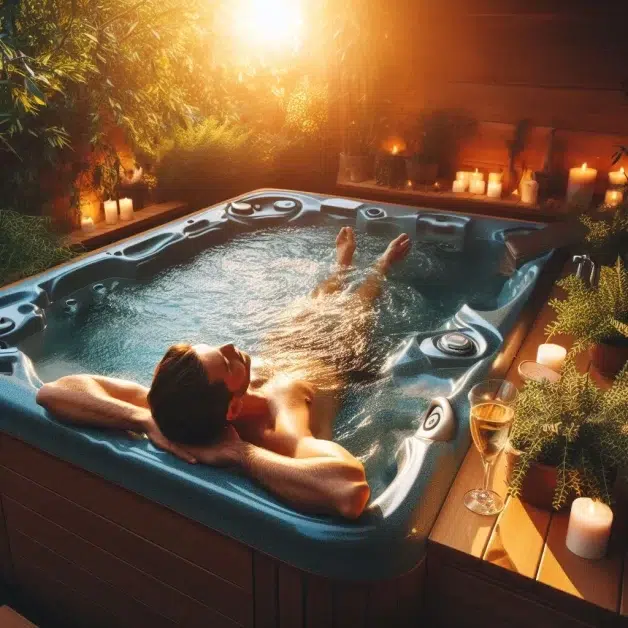 A man is soaking. (relax in your hot tub to unwind and rejuvenate)