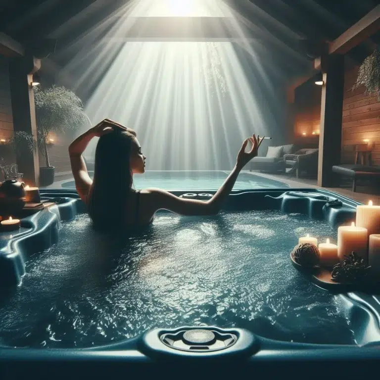 A woman relaxing in a hot tub with candles and a serene atmosphere. (relax in your hot tub to unwind and rejuvenate)