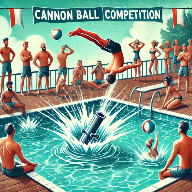 A player mid-air performing a cannonball dive, with a large splash as the water erupts upon entry, while others watch and judge from the side.