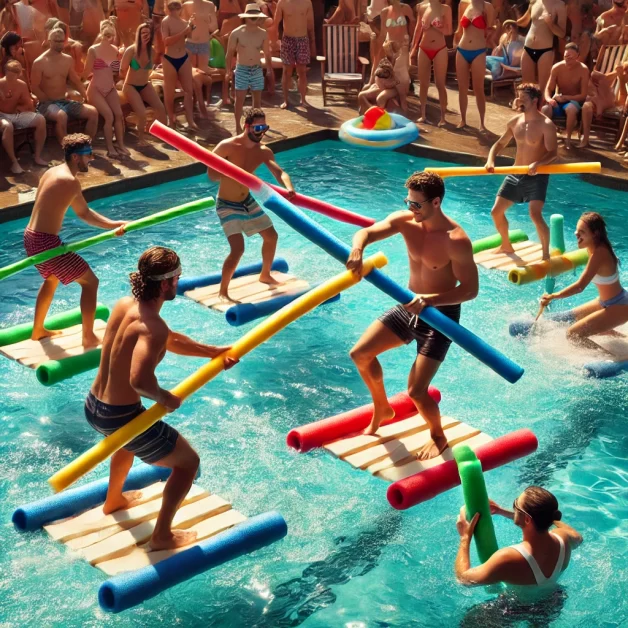 Two players in the pool on rafts, jousting with pool noodles while trying to knock each other off.