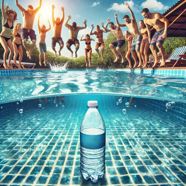 Players lined up by a pool, ready to jump in and search for a nearly invisible clear plastic bottle underwater.