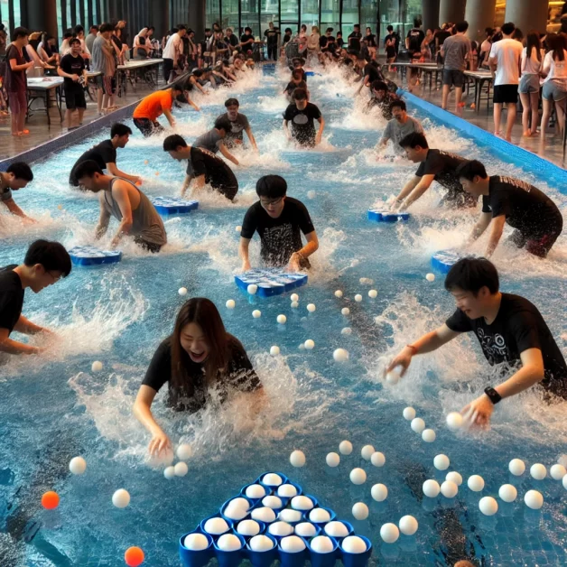 Players splashing in a pool, creating waves to move ping pong balls towards their designated area.