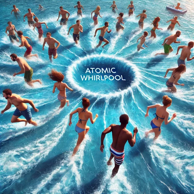 Players running in a circle along the edge of a pool, creating a swirling current in the Atomic Whirlpool game.