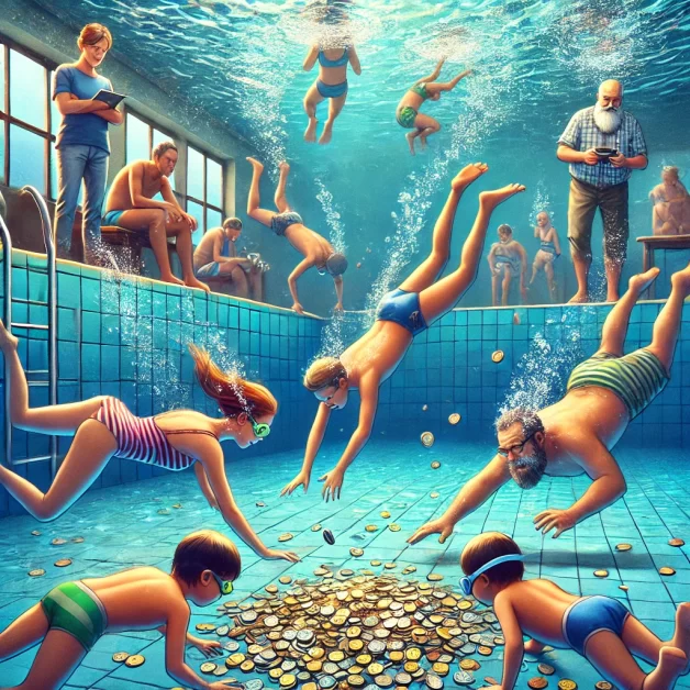 Swimmers diving underwater to collect coins in a pool while an adult supervisor watches from the poolside.