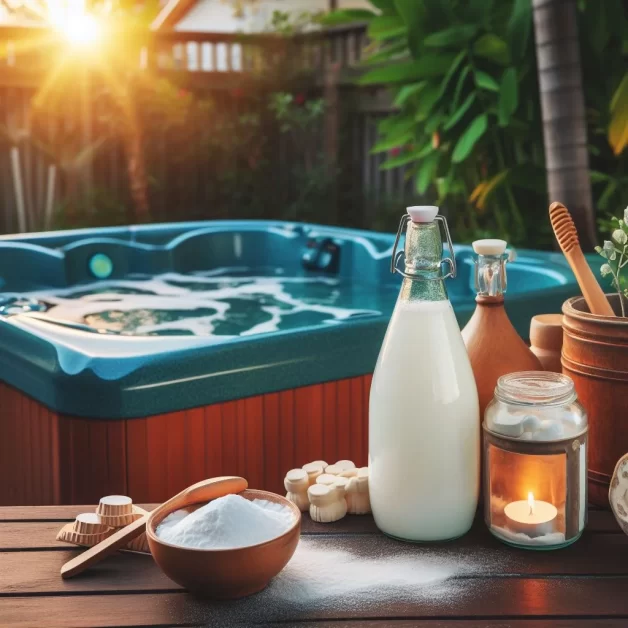 a hot tub with a bottle of milk, a jar of baking soda, and other spa accessories on a wooden table next to it. (Baking Soda in Hot Tub)