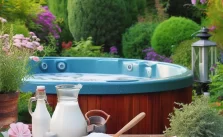 a hot tub in a garden with spa accessories on a wooden table in the foreground.