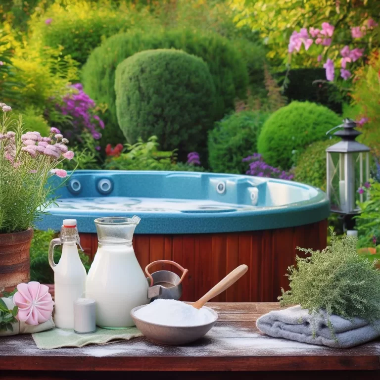 a hot tub in a garden with spa accessories on a wooden table in the foreground.