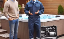 A professional hot tub repairman in a tidy uniform and a well-equipped tool kit stands in a cozy backyard, explaining the repair process to a nodding hot tub owner.