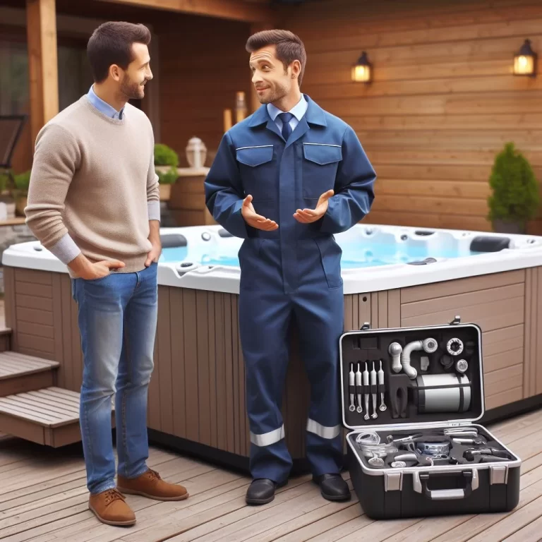 A professional hot tub repairman in a tidy uniform and a well-equipped tool kit stands in a cozy backyard, explaining the repair process to a nodding hot tub owner.