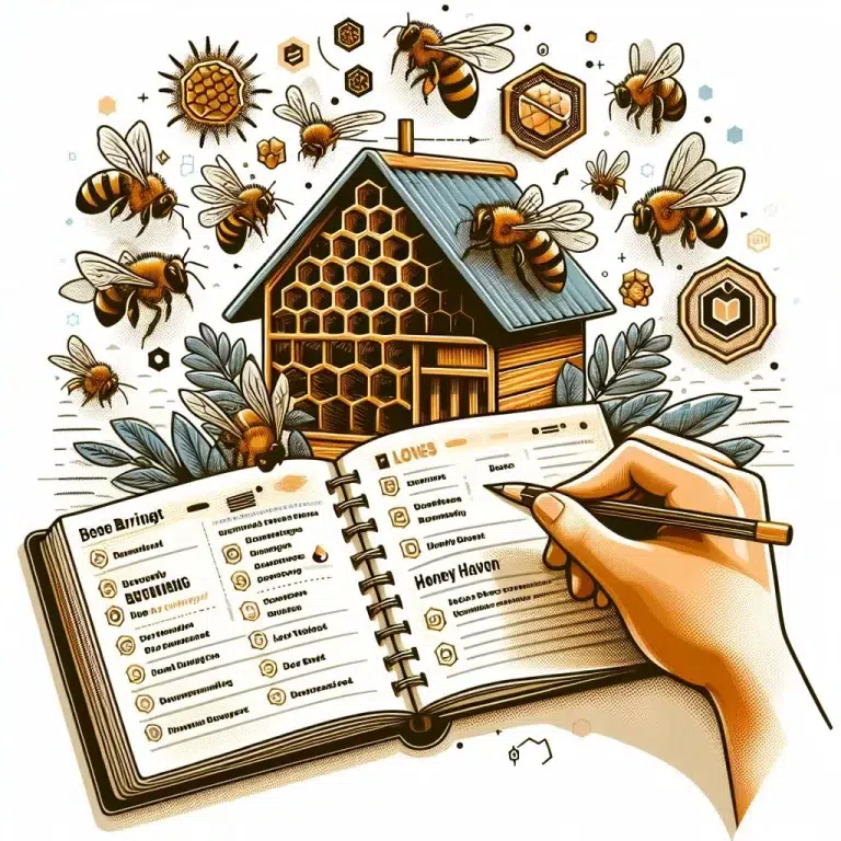 Illustration of a hand holding a phone with a beekeeping app open, surrounded by bees, honeycomb, and a beekeeper’s house.