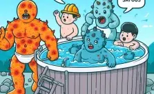 A humorous illustration of a group of monsters and humans in a hot tub, but one monster is unhappy because of a rash.