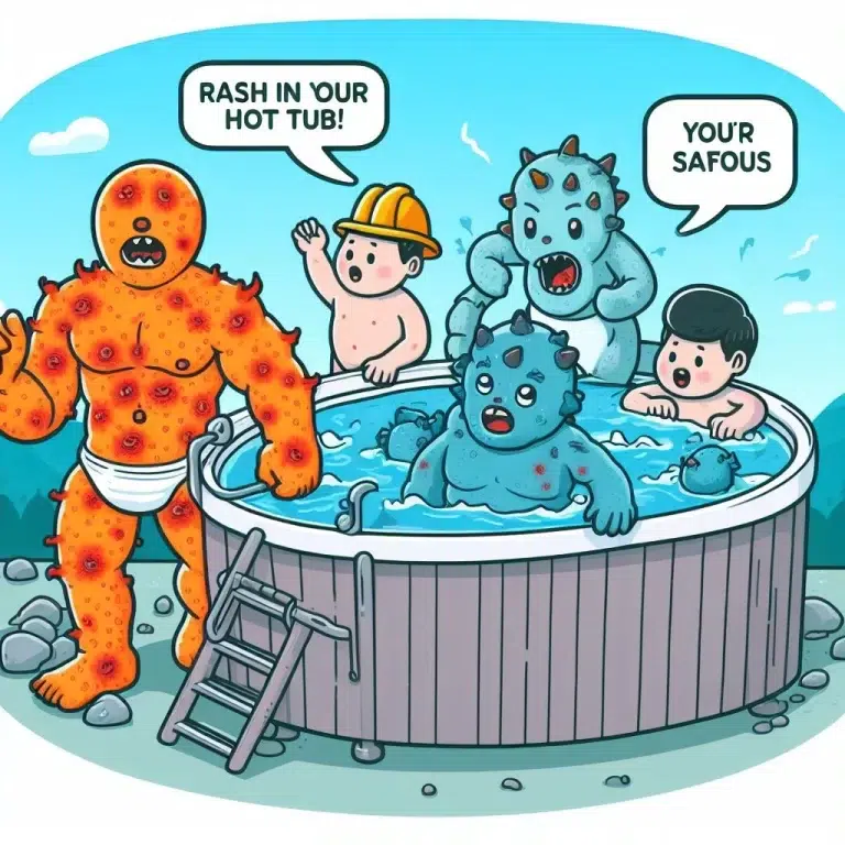 A humorous illustration of a group of monsters and humans in a hot tub, but one monster is unhappy because of a rash.