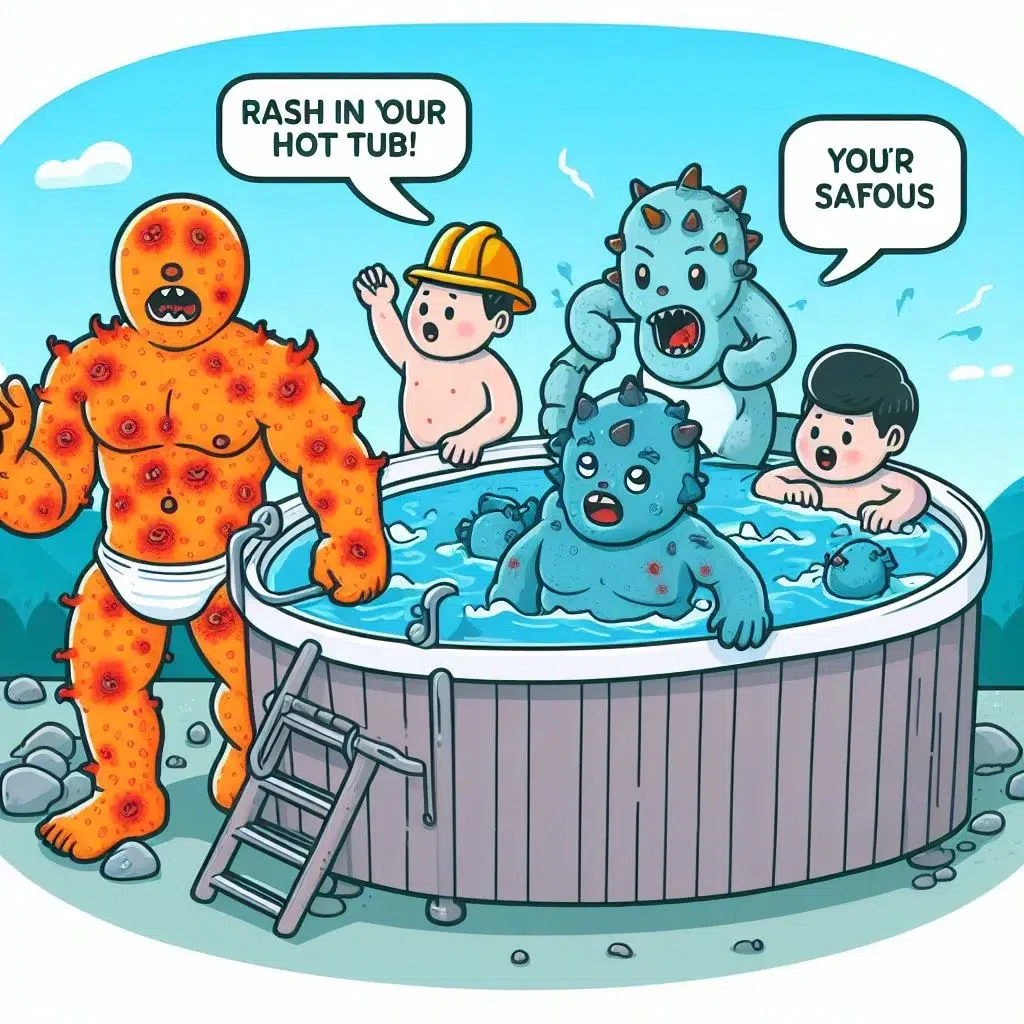 A humorous illustration of a group of monsters and humans in a hot tub, but one monster is unhappy because of a rash.