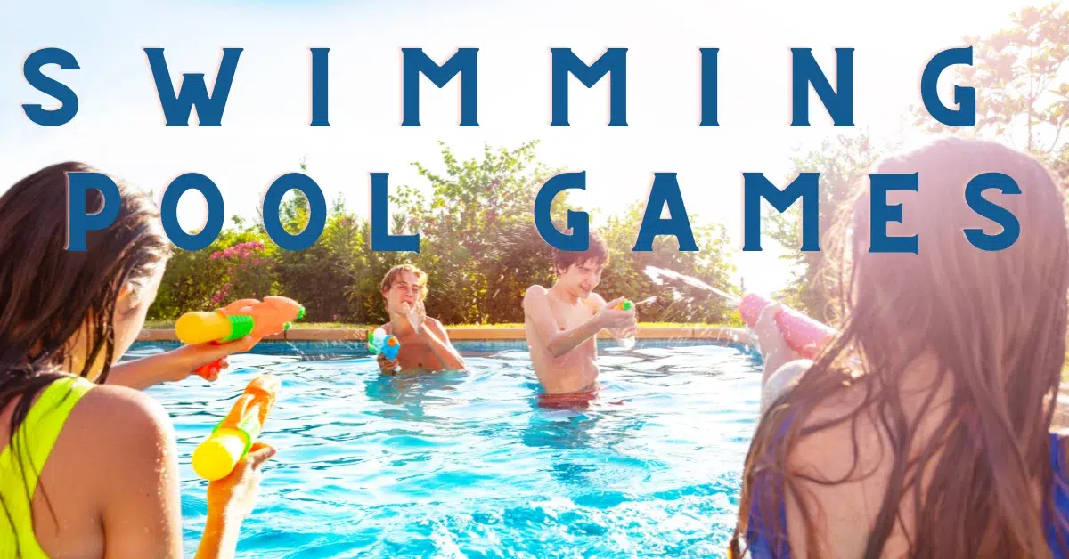 A group of people having fun with water guns in a swimming pool surrounded by greenery