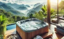 A bubbling hot tub on a wooden deck overlooking a breathtaking view of misty mountains during sunrise.