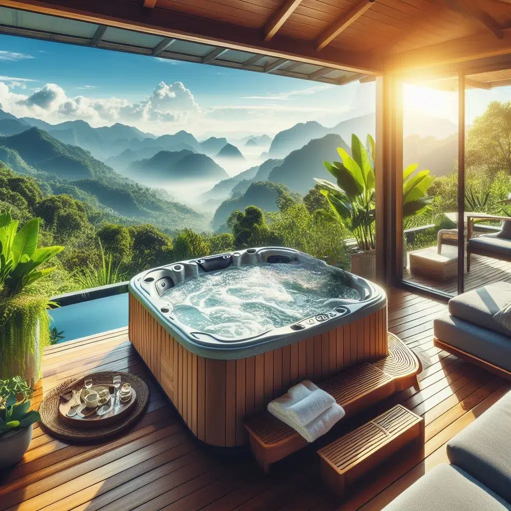 A bubbling hot tub on a wooden deck overlooking a breathtaking view of misty mountains during sunrise.