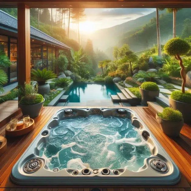 A serene outdoor setting featuring a bubbling hot tub in the foreground, a tranquil swimming pool, and a modern house nestled amidst lush greenery and rolling hills, all bathed in the golden glow of the setting sun. (History of Hot Tub Soaking Tradition)