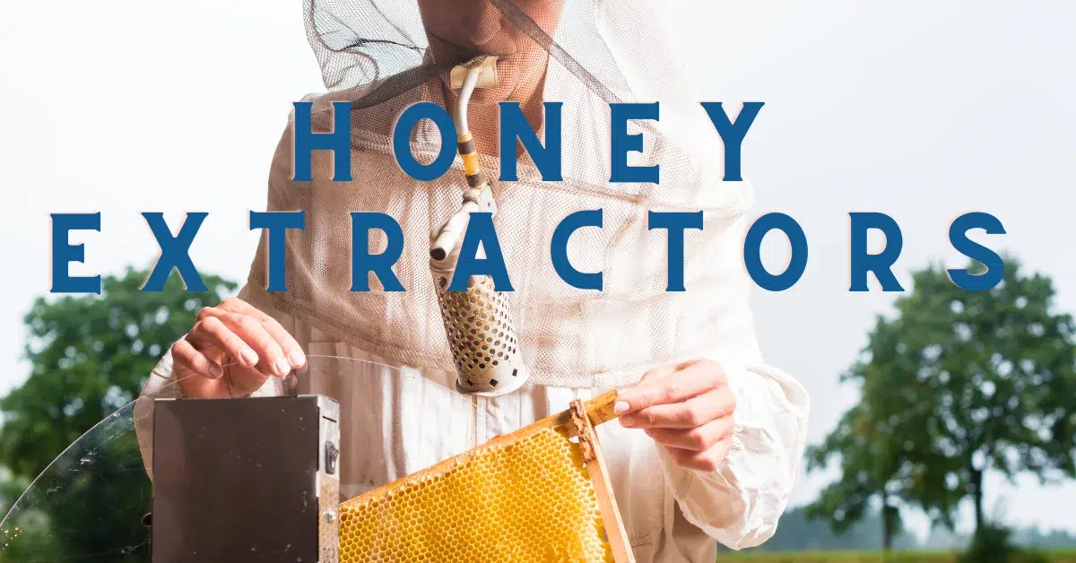 A man working with honey extractor and text info