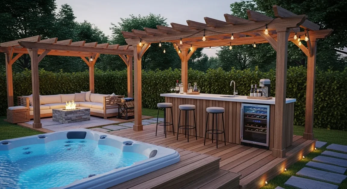 5 Backyard Hot Tubs 4 Backyard hot tub built into a wooden deck with a bar, stools, fire pit, and pergola, designed for entertaining.