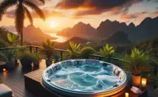 A serene image of a bubbling jacuzzi on a wooden deck overlooking a breathtaking sunset, with mountains and water in the distance, surrounded by tropical plants and lit candles. (Hot Tub Patio)