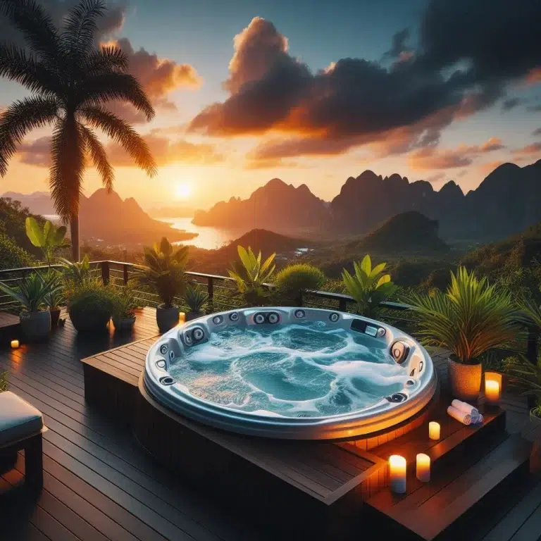 A serene image of a bubbling jacuzzi on a wooden deck overlooking a breathtaking sunset, with mountains and water in the distance, surrounded by tropical plants and lit candles. (Hot Tub Patio)