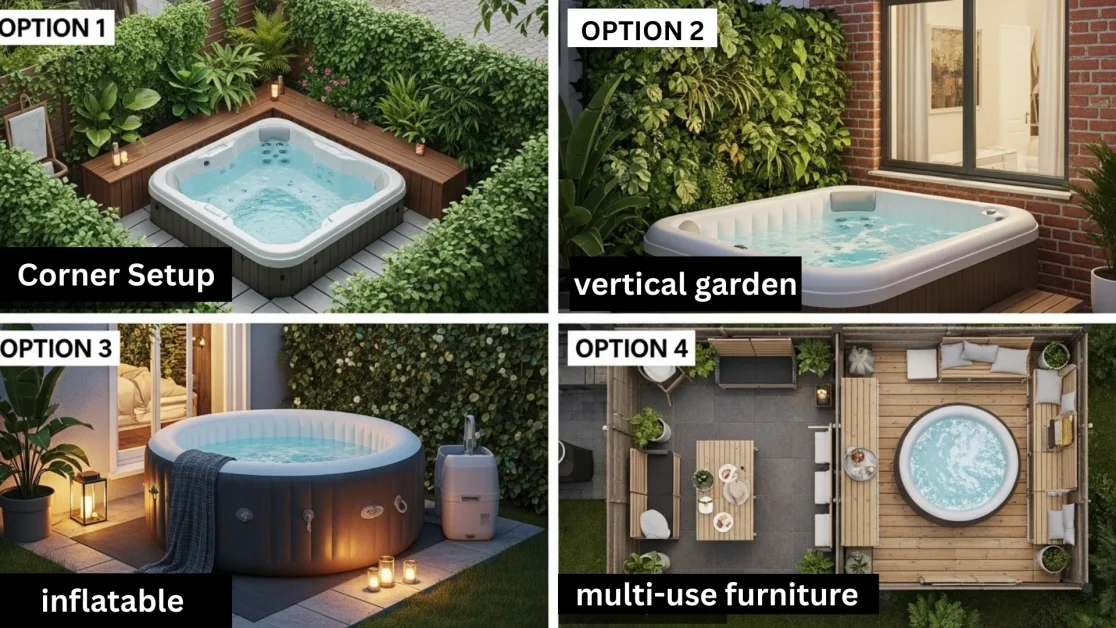 5 Backyard Hot Tubs 3 Small backyard hot tub ideas including a corner setup with plants, a hot tub beside a vertical garden wall, a budget-friendly inflatable tub, and a compact layout with multi-use furniture for a functional, inviting outdoor space.