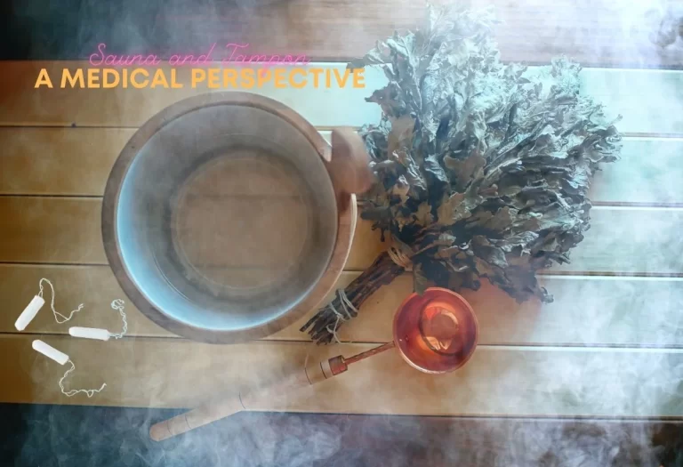 A wooden sauna bench with a metal bowl, a bundle of leafy twigs, and two tampons depicted in white outlines, next to a red bowl with liquid