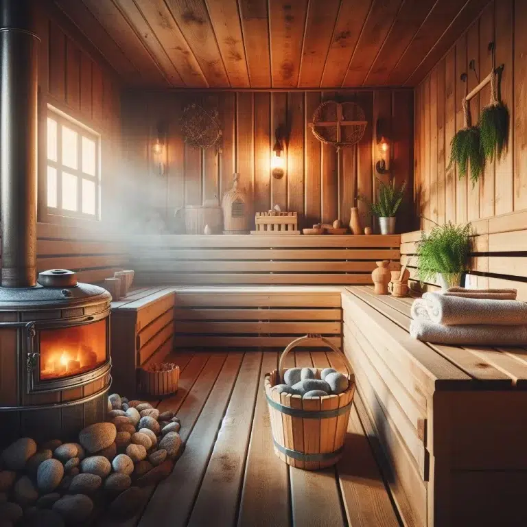 A cozy traditional sauna with wooden benches, a heated stove, and ambient lighting creates a relaxing atmosphere.