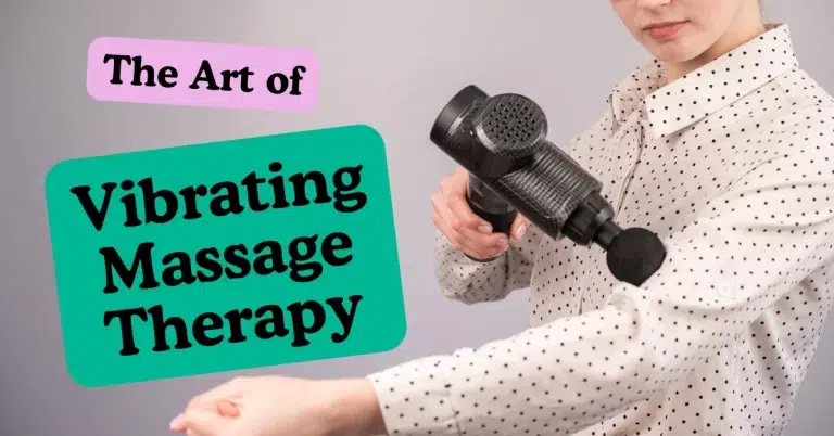 A young girl taking Vibrating Massage Therapy by her arm, and text info.