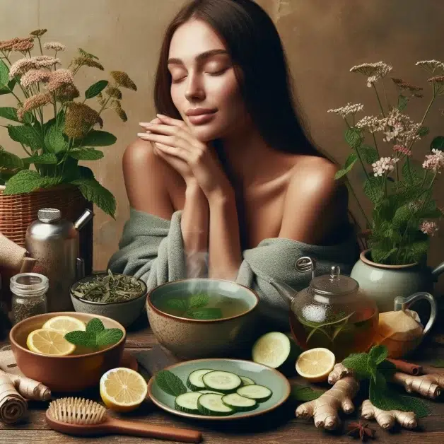 A woman use natural remedy while using the sauna. (What To Eat and Drink After the Sauna)