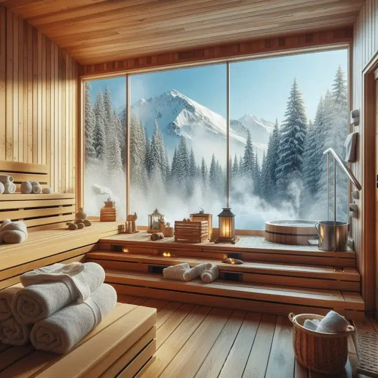 A cozy wooden sauna interior with a panoramic view of a snowy mountain landscape. (sauna life)