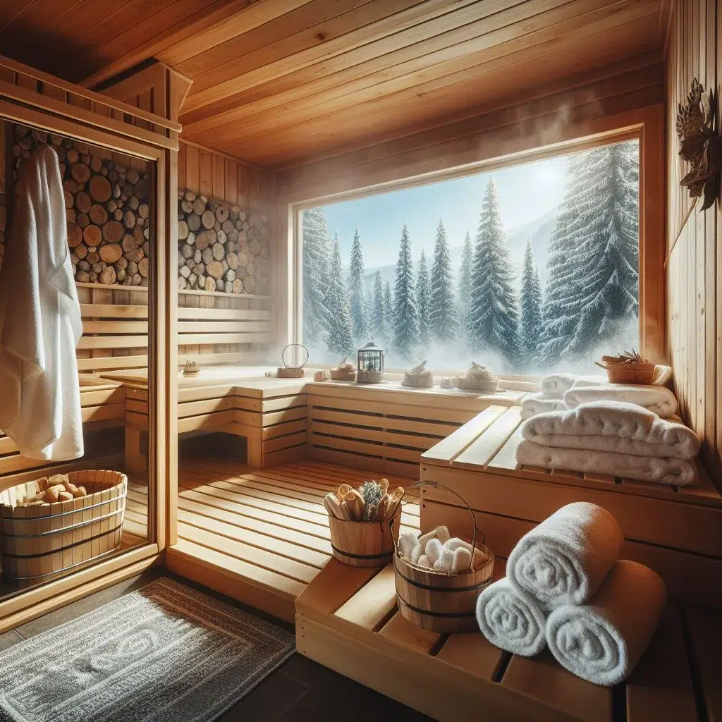 A cozy indoor wooden sauna with a large window revealing a snowy forest view, equipped with seating, towels, and baskets of sauna stones. (sauna life)