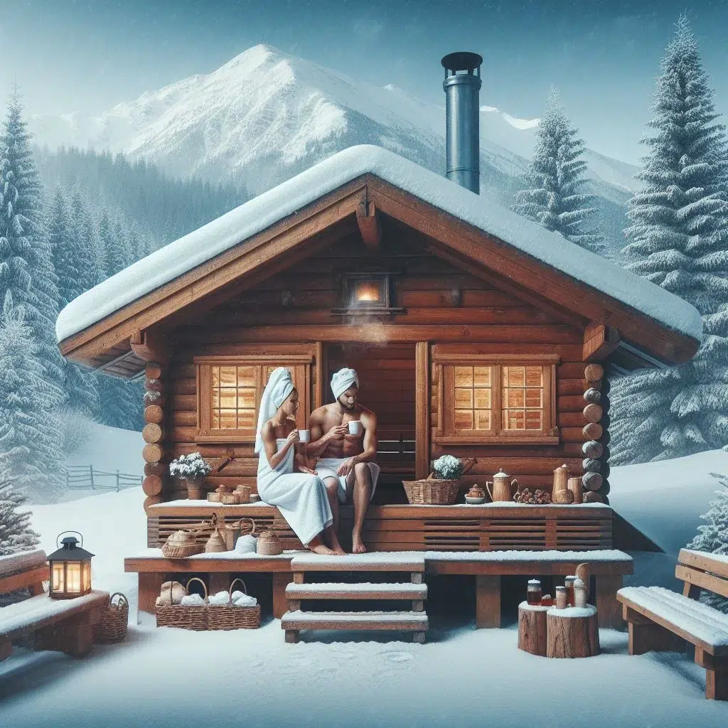 A cozy wooden cabin in a snowy landscape with two people on a sauna life outdoor, surrounded by snow-covered trees and a mountain in the background. ()