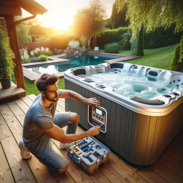 A man is outside, carefully installing a new, modern extension cord hot tub. by hot tub patio