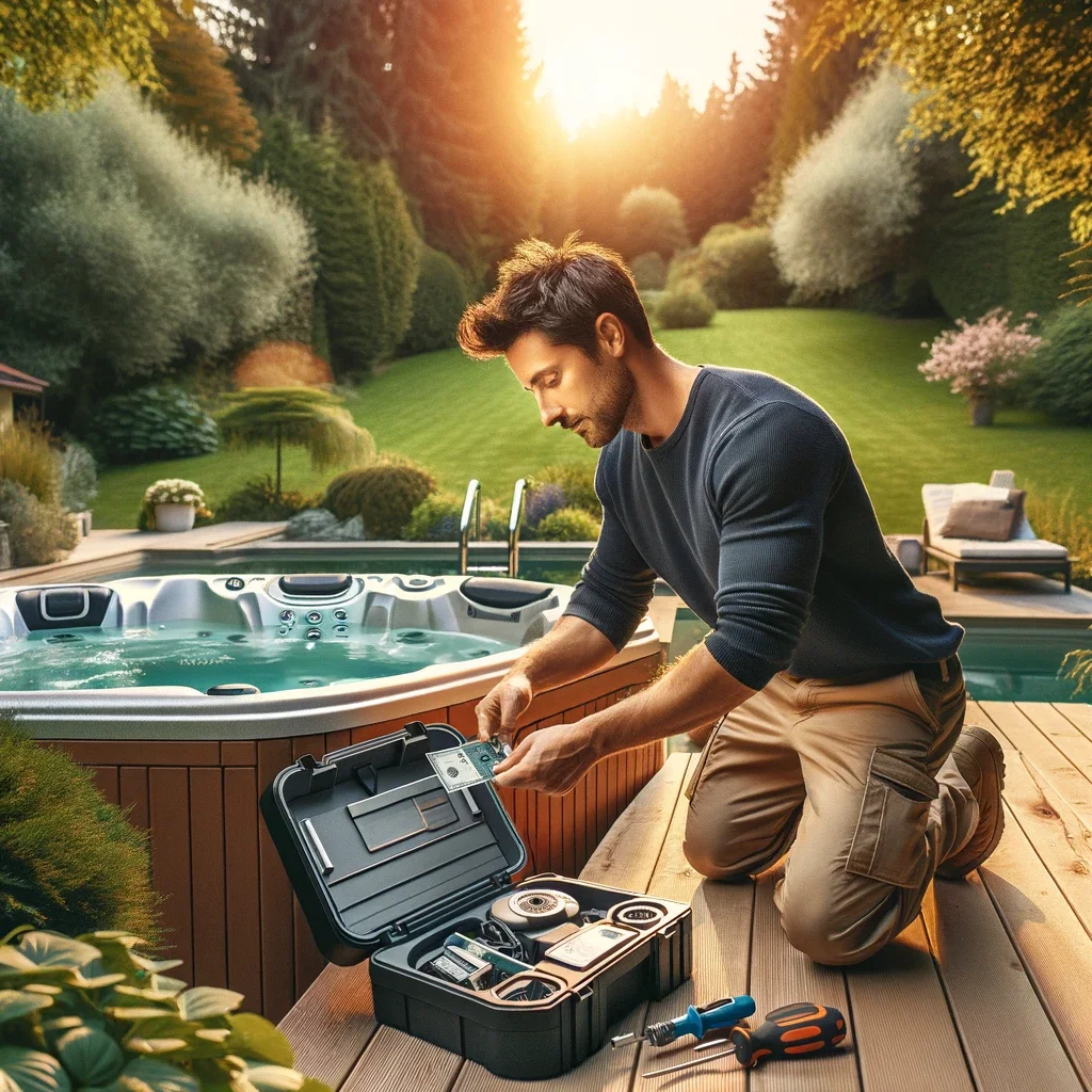 A man is outside, carefully installing a new, modern extension cord hot tub