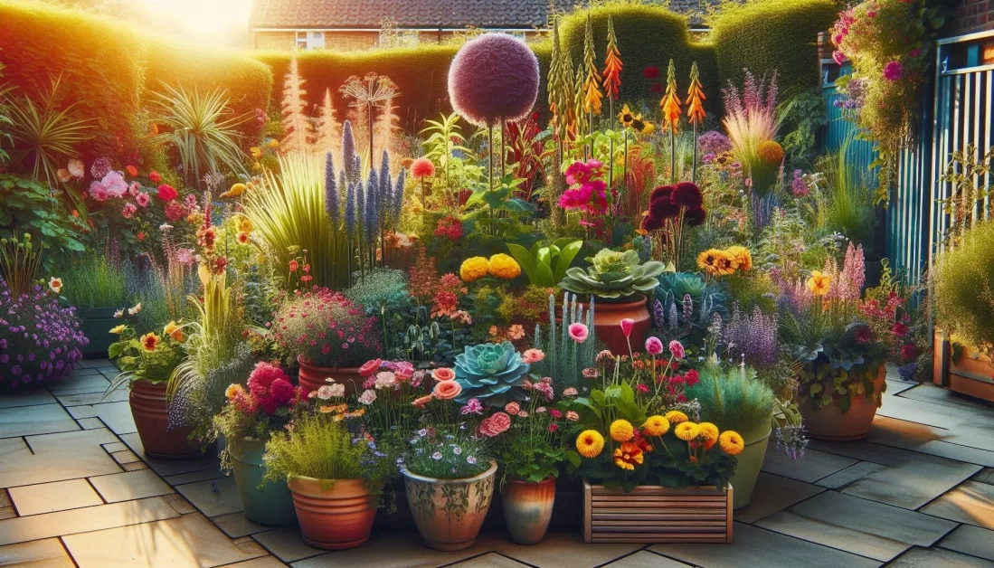 A beautiful container garden with a variety of colorful flowers and plants. 