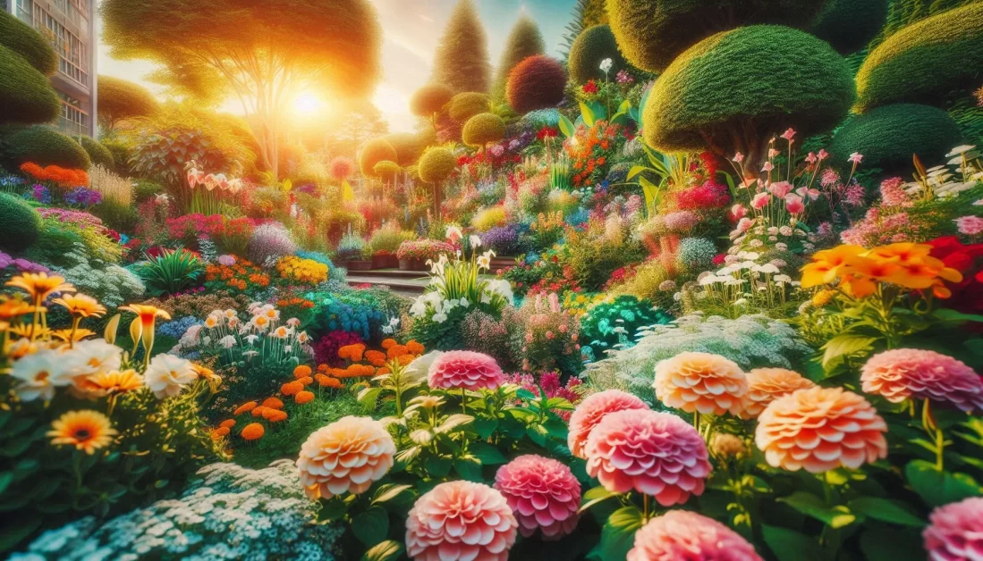 A beautiful garden with a variety of colorful flowers in full bloom.