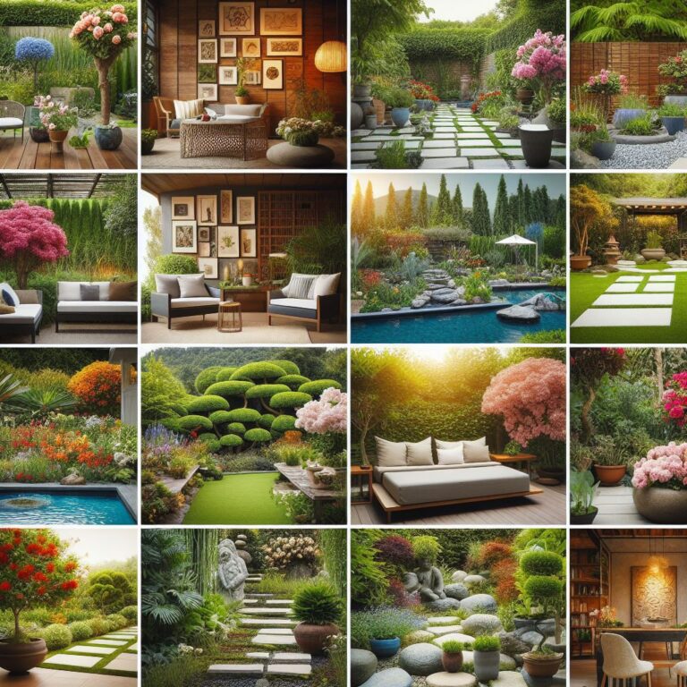 A collage of eight images showcasing various beautifully designed garden spaces, each with lush greenery, blooming flowers, and elegant outdoor furniture.