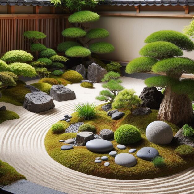 zen garden with sand, stones, and plants, by hot tub patio.