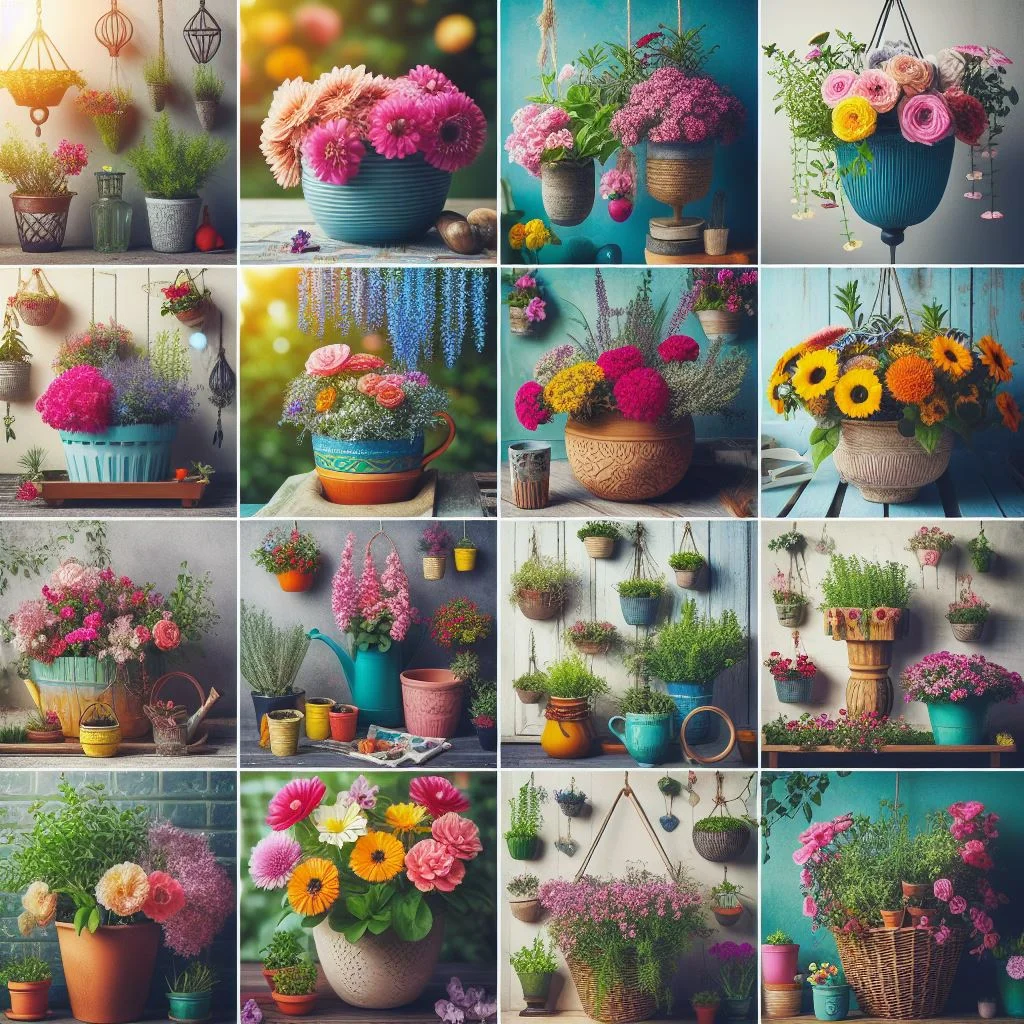 A collage of twelve images showcasing a variety of colorful flowers in different types of pots and containers, each set against a distinct, artistic backdrop.