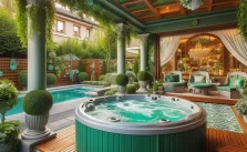 A luxurious green-themed outdoor spa area featuring a bubbling hot tub, elegant seating, and lush greenery under a wooden pergola