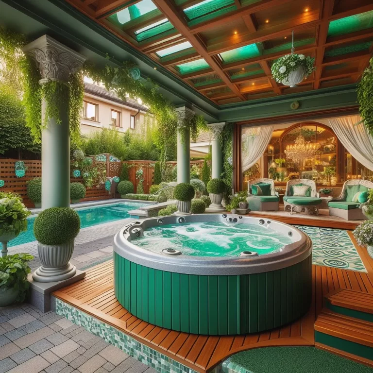 A luxurious green-themed outdoor spa area featuring a bubbling hot tub, elegant seating, and lush greenery under a wooden pergola